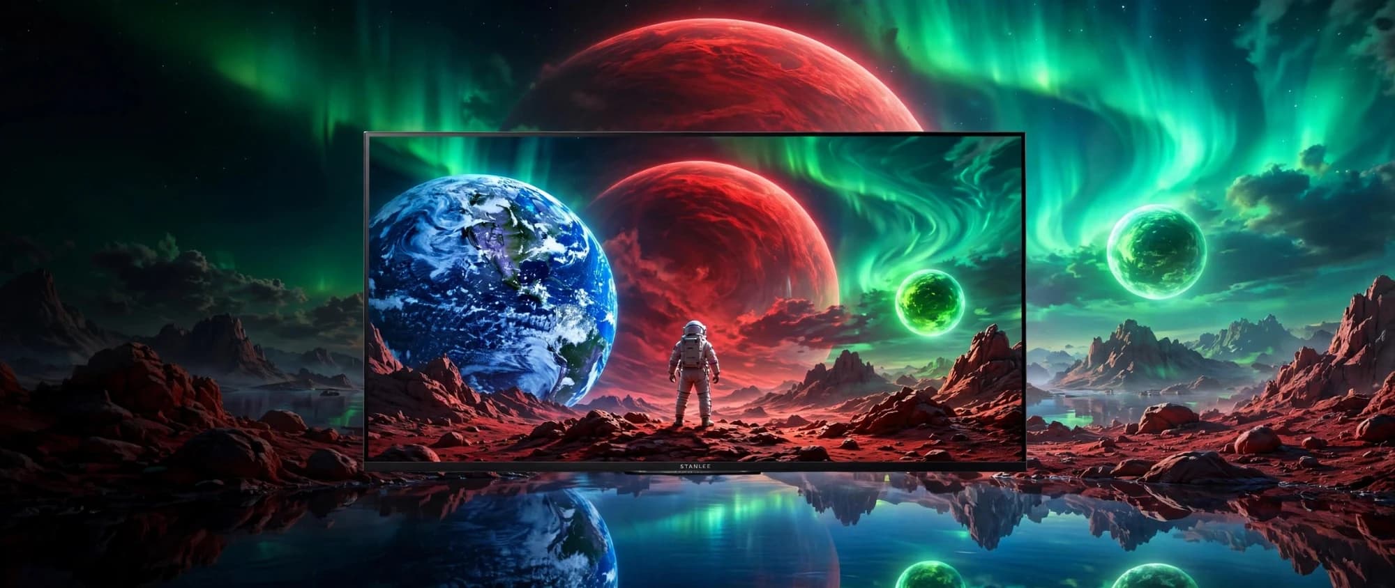 A Stanlee panel on an alien horizon, the astronaut and the red planet on screen continuing seamlessly into the landscape behind it