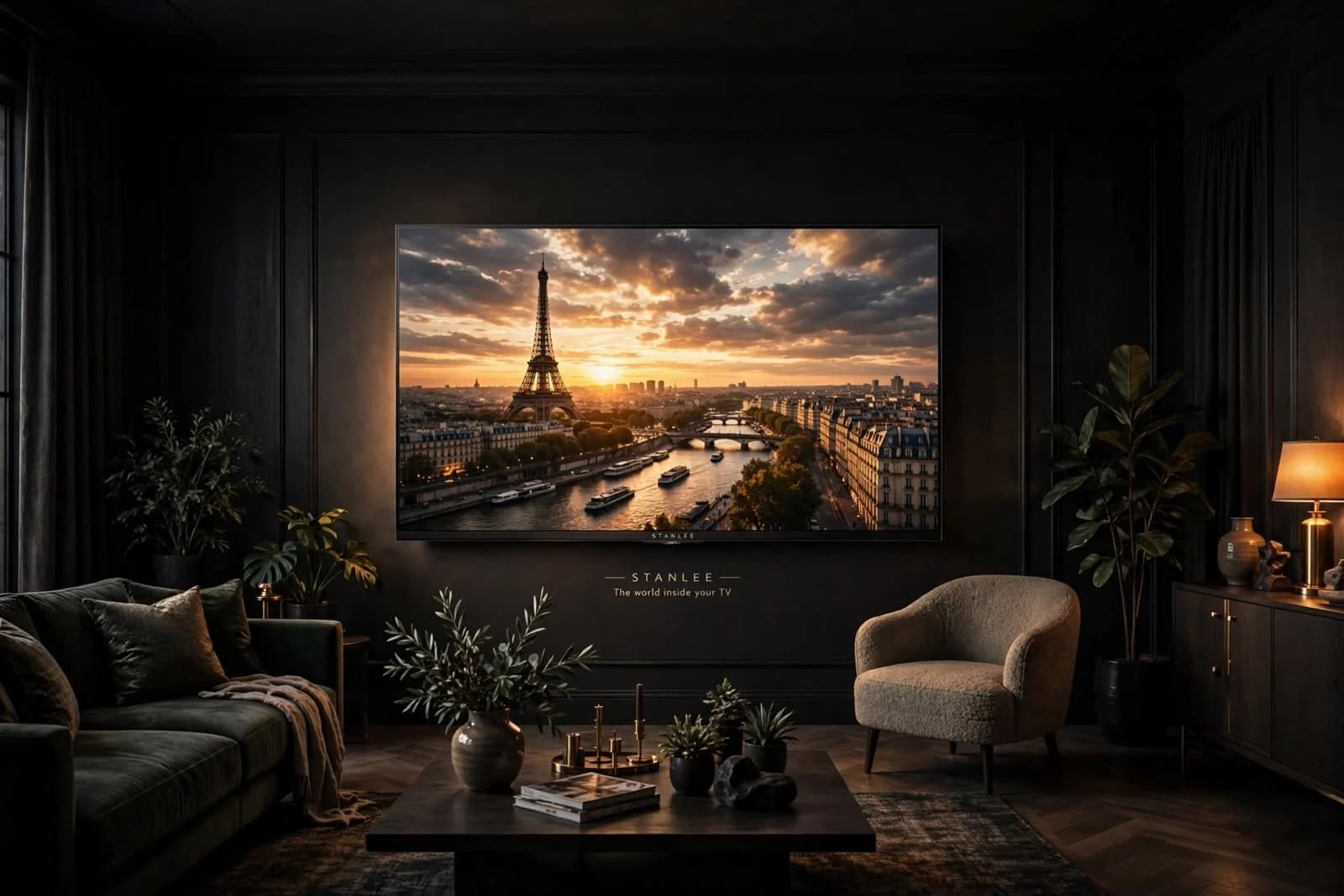 A large Stanlee panel on a dark panelled wall in a low-lit living room, a Paris sunset filling the screen
